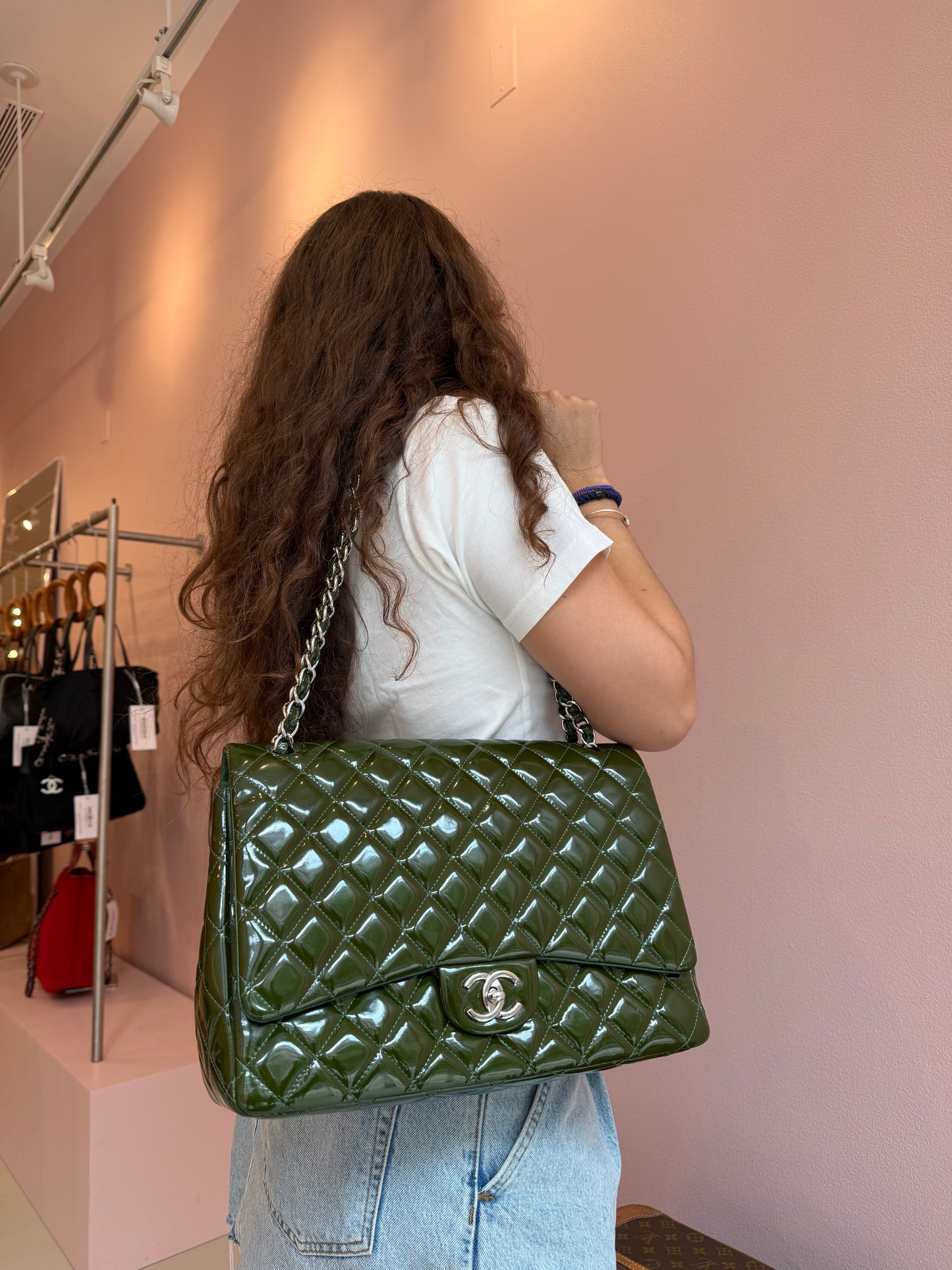 Chanel Green Patent Leather Maxi Classic Double Flap Bag