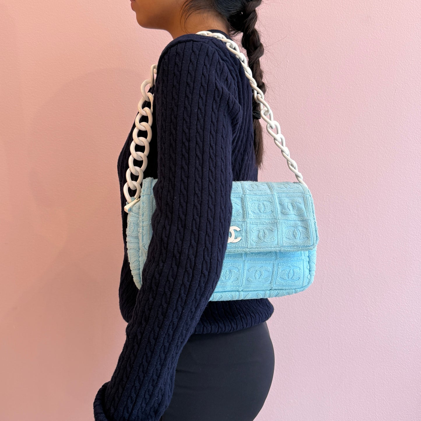 Chanel Light Blue CC Monogram Terry Cloth Sports Line Flap