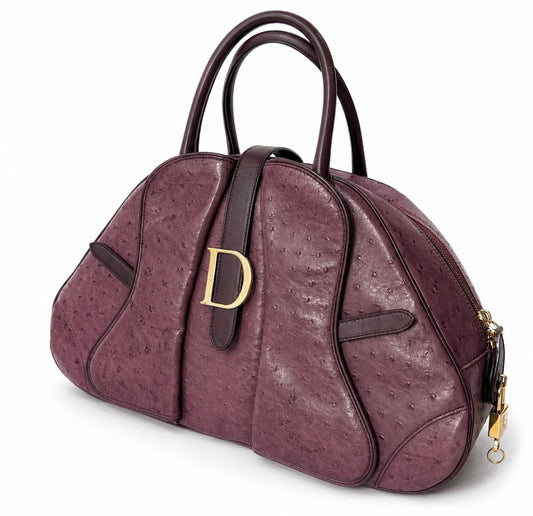 Christian Dior Large Purple Ostrich Double Saddle Bowler Bag