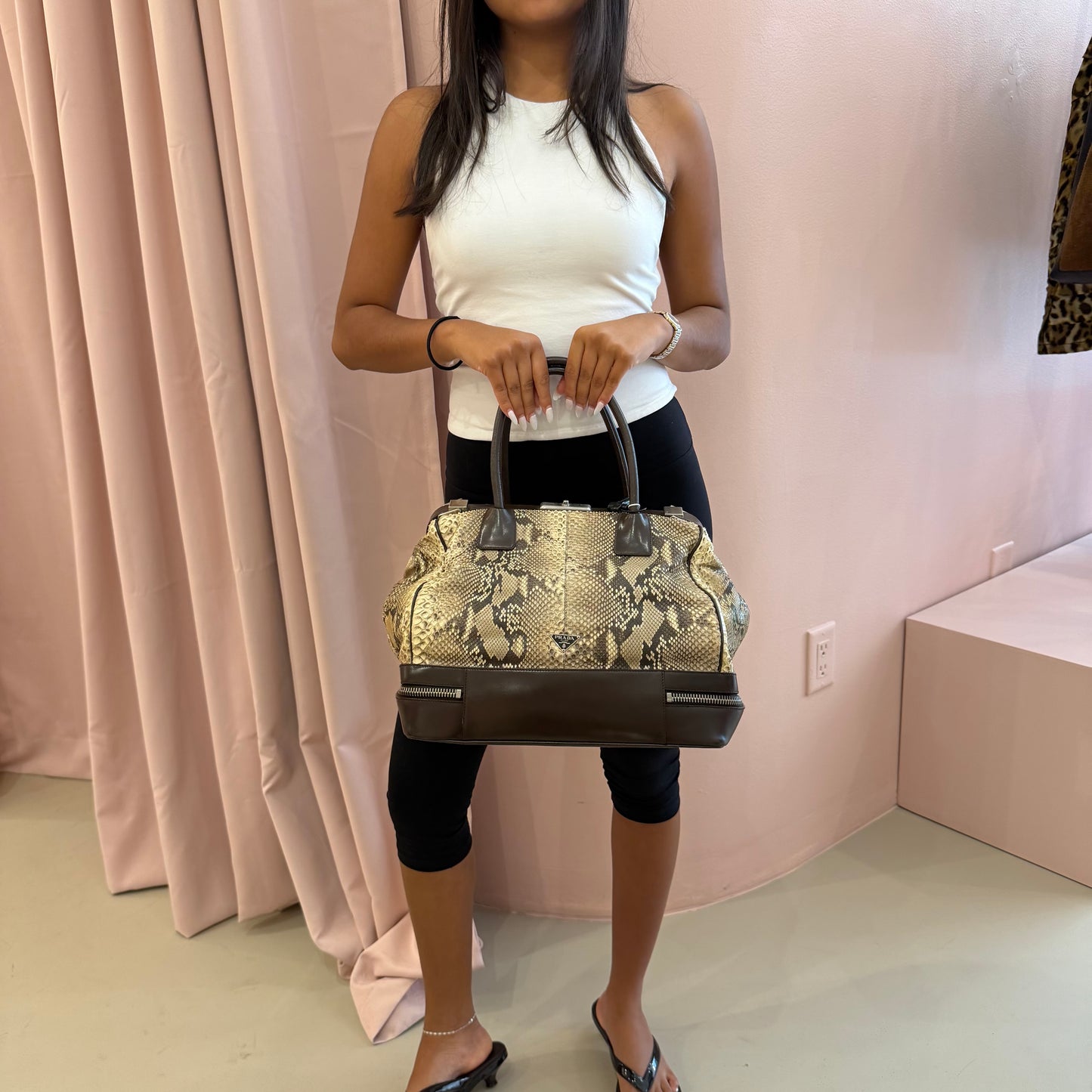 Prada Brown Multicolored Lambskin & Python Leather Doctor Top Handle Bag