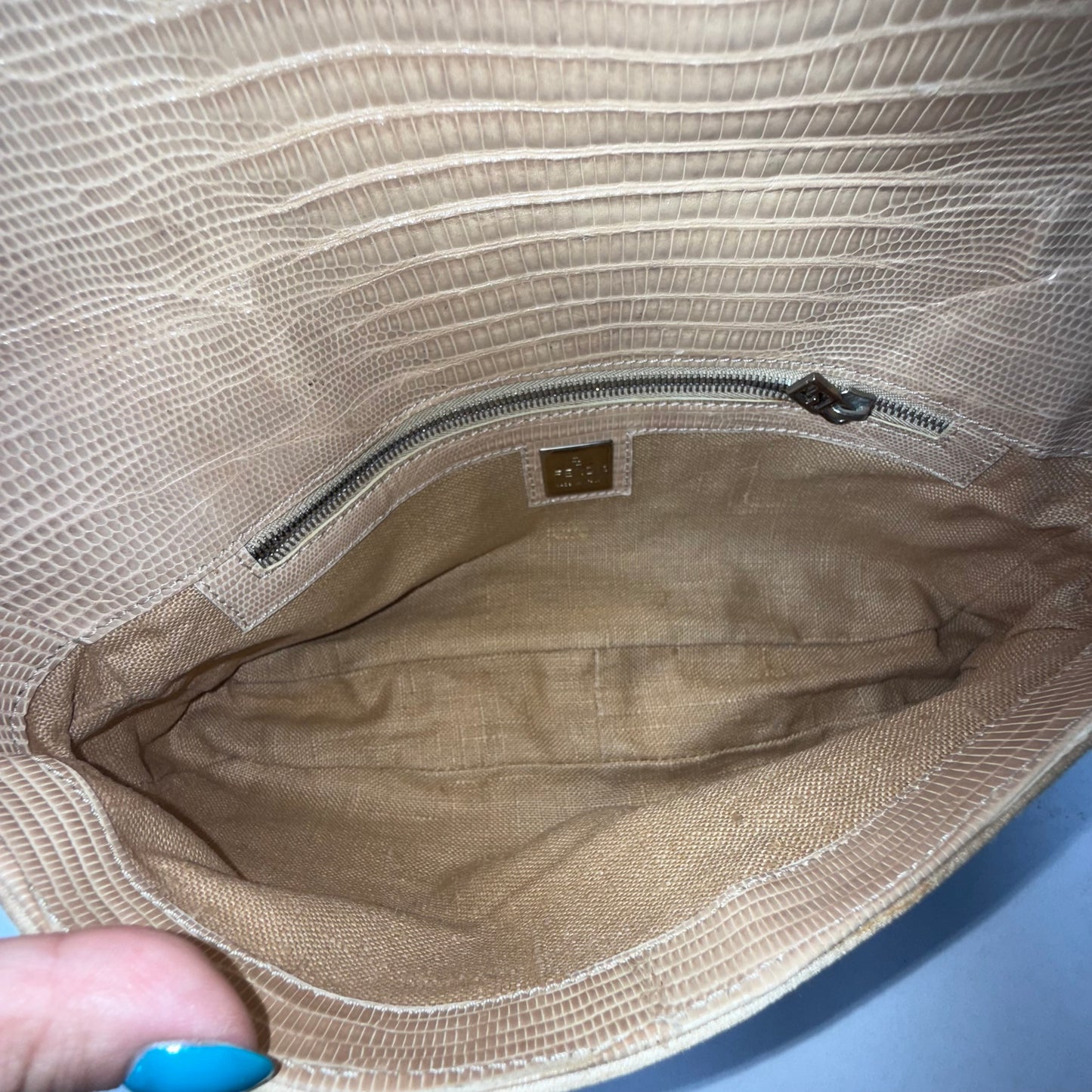 Fendi Beige Satin & Python Baguette Shoulder Bag