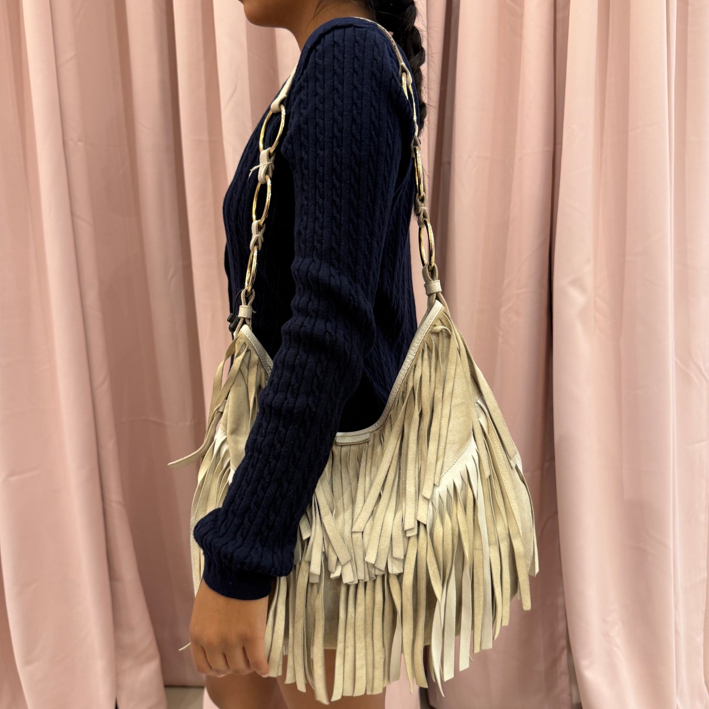 YSL White Leather Fringed Shoulder Bag