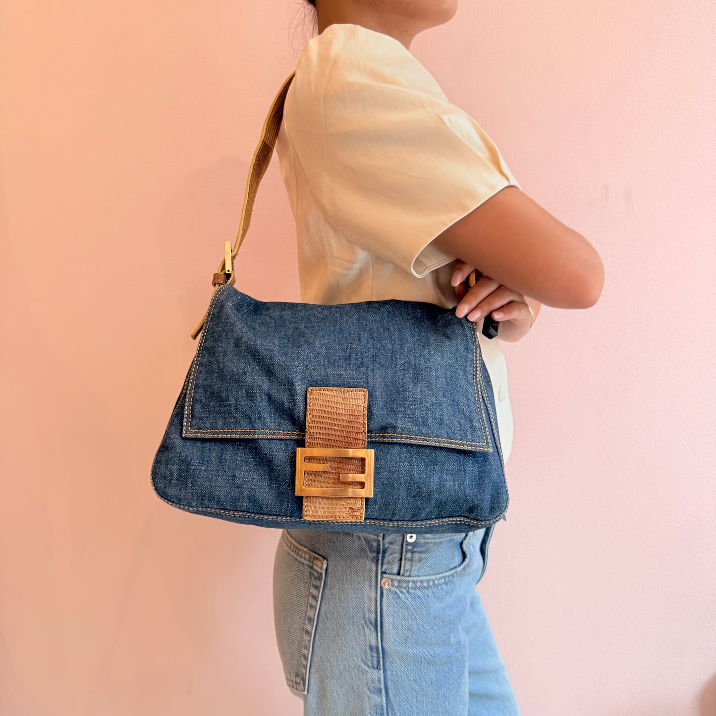 Fendi Denim Mama Baguette w/ Lizard Trim