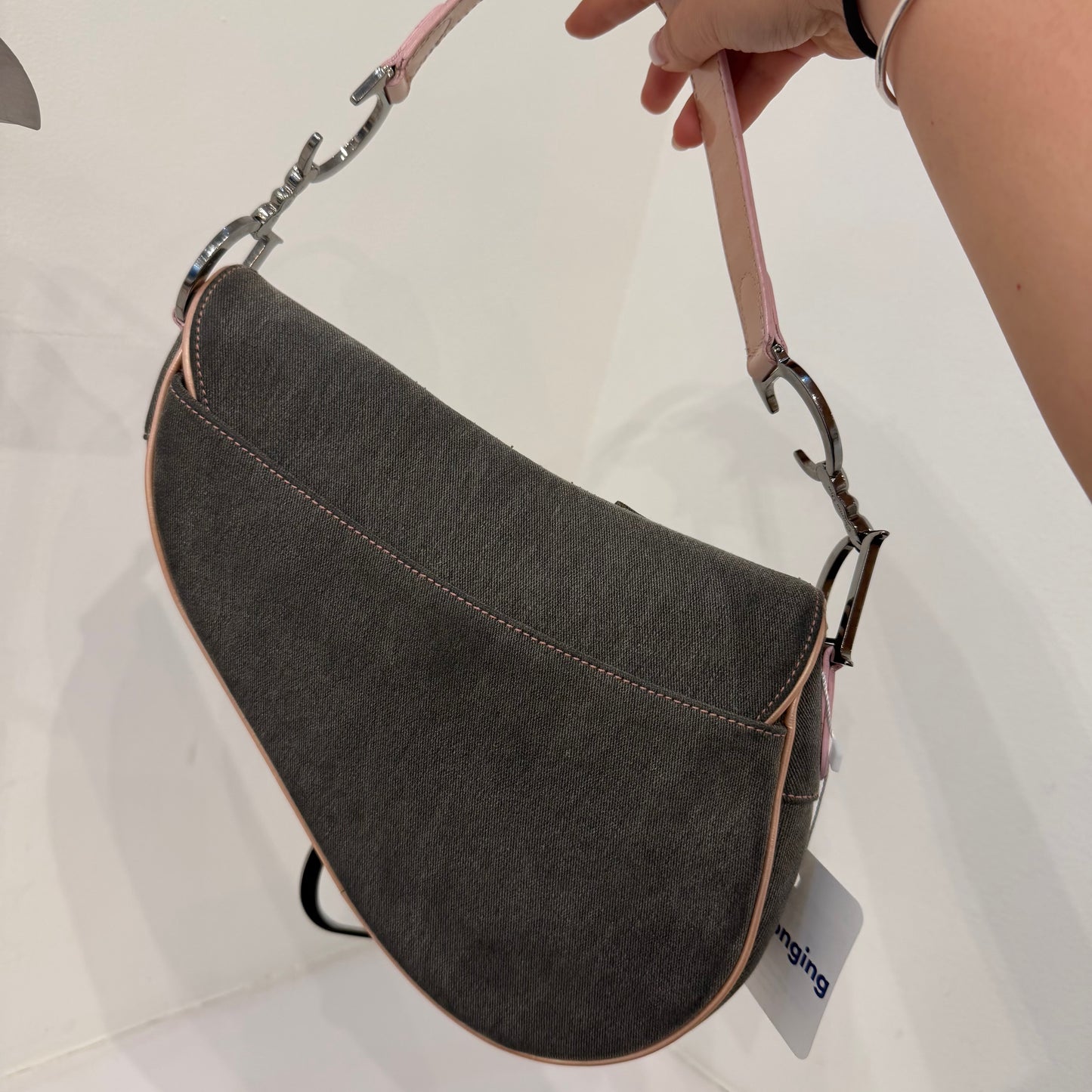 Christian Dior Gray Denim & Pink Patent Leather Saddle Shoulder Bag