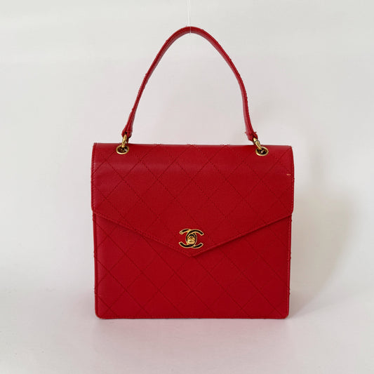 Chanel 1997 Red Caviar Quilted Kelly Top Handle Flap Bag