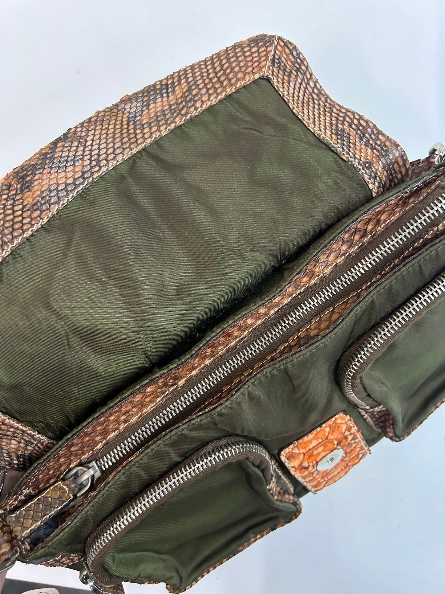 RARE Prada Green & Orange Nylon & Python Shoulder Bag SHW