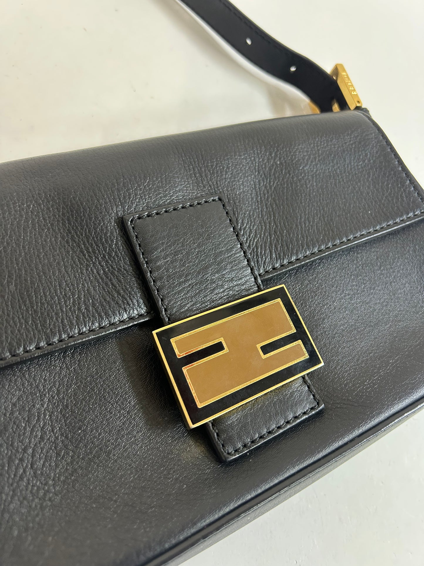 Fendi Black Leather Flat Flap Baguette Shoulder Bag
