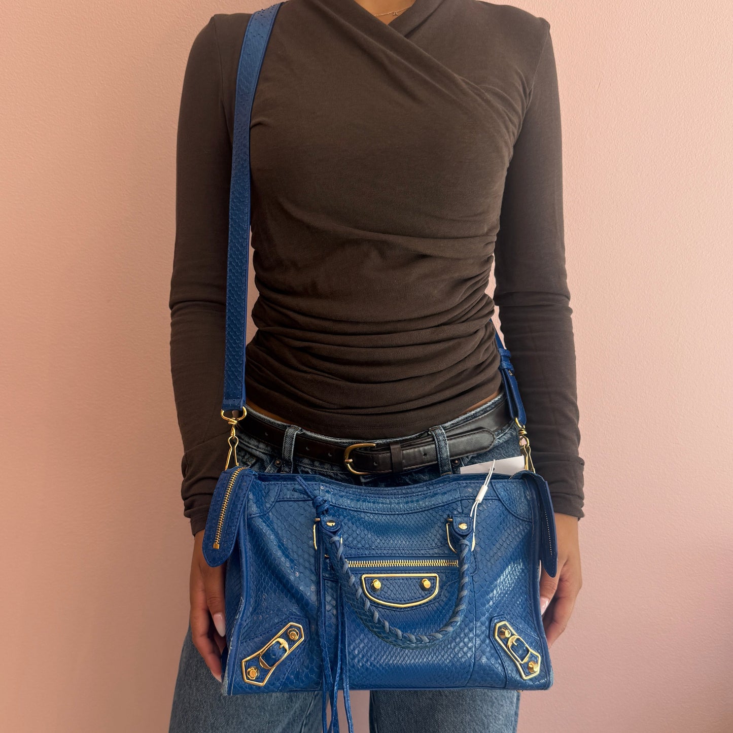 Balenciaga Blue Snakeskin Leather Small City Bag GHW