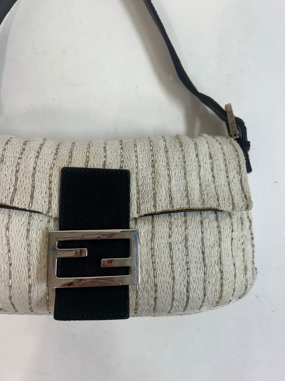 Fendi Ivory Knit Beaded & Ponyhair Baguette Shoulder Bag