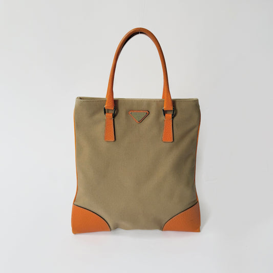 Prada Beige Canvas & Orange Leather Flat Tote Bag