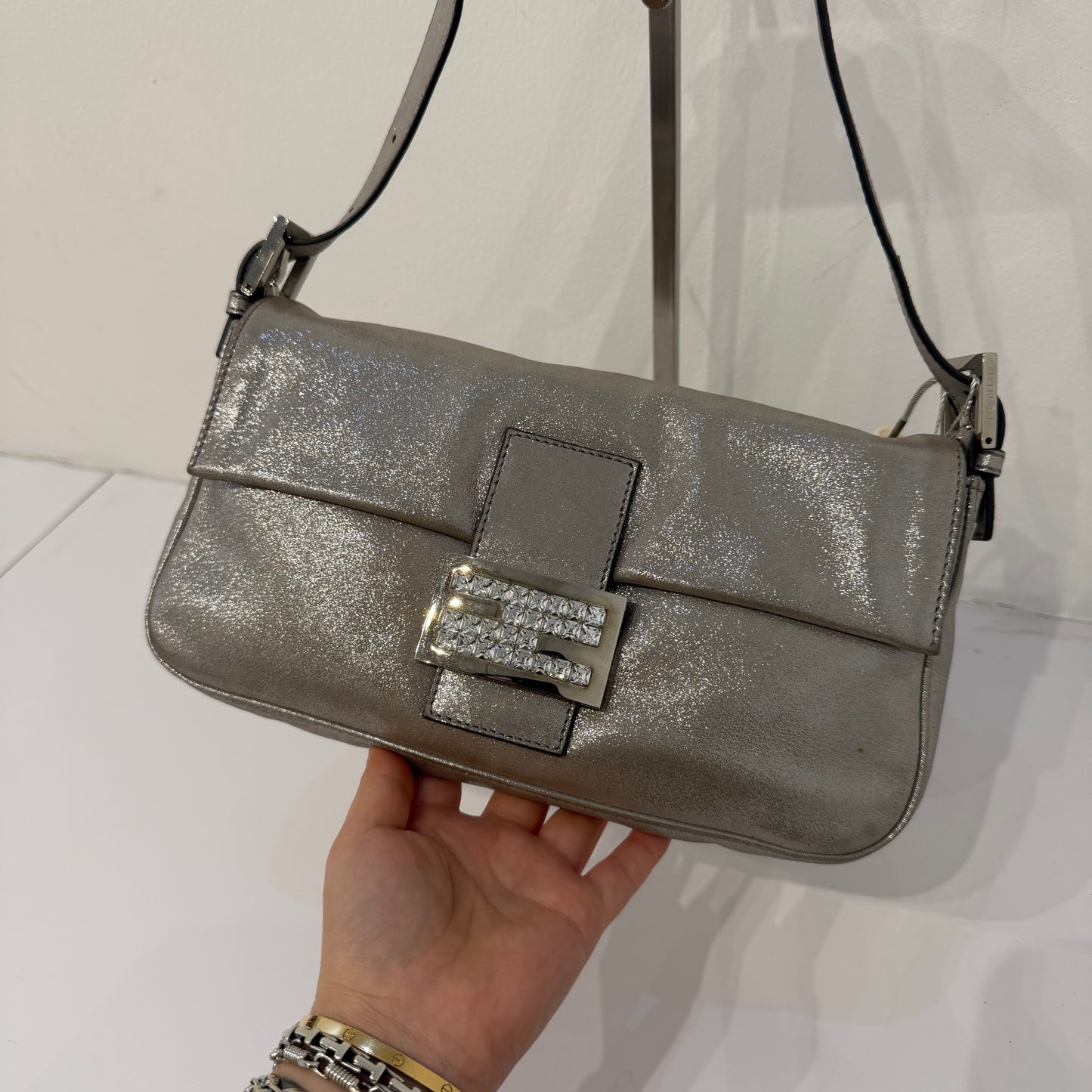 Fendi Silver Metallic Textured Leather Baguette
