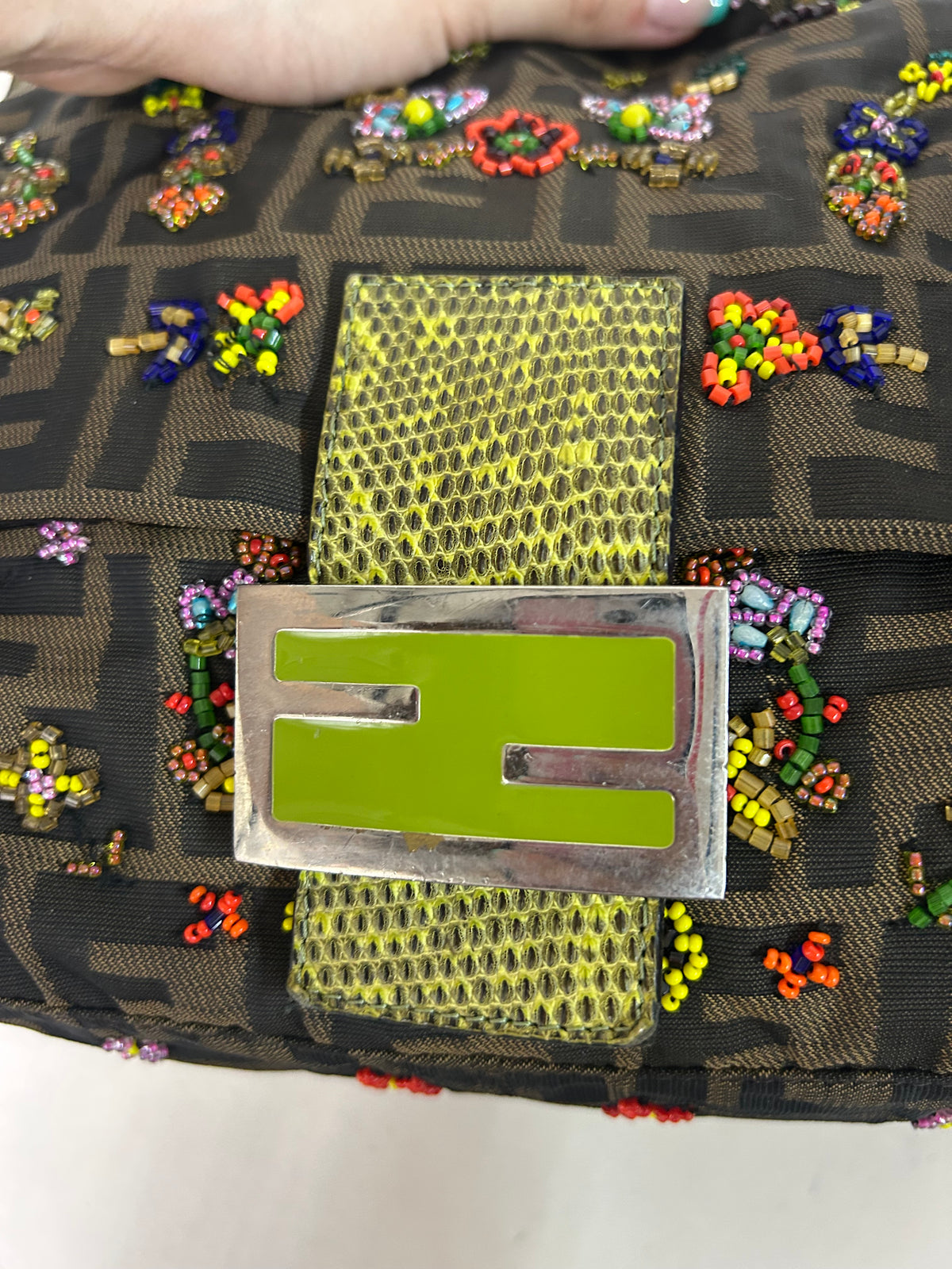 Fendi Zucca Beaded Mama Baguette w/ Green Lizard Trim