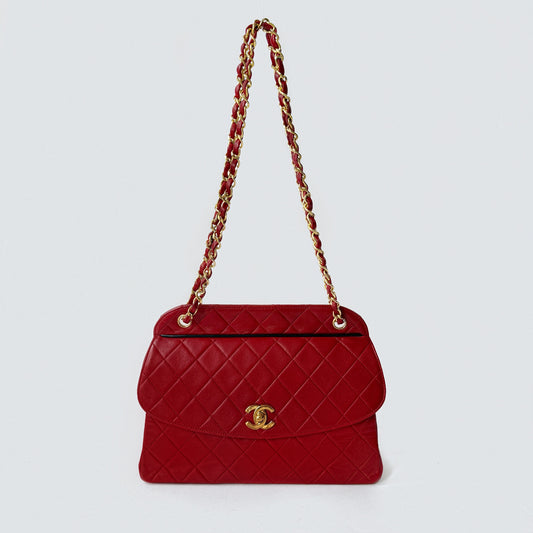Chanel Red Lambskin Quilted Front Flap Chain Shoulder Bag
