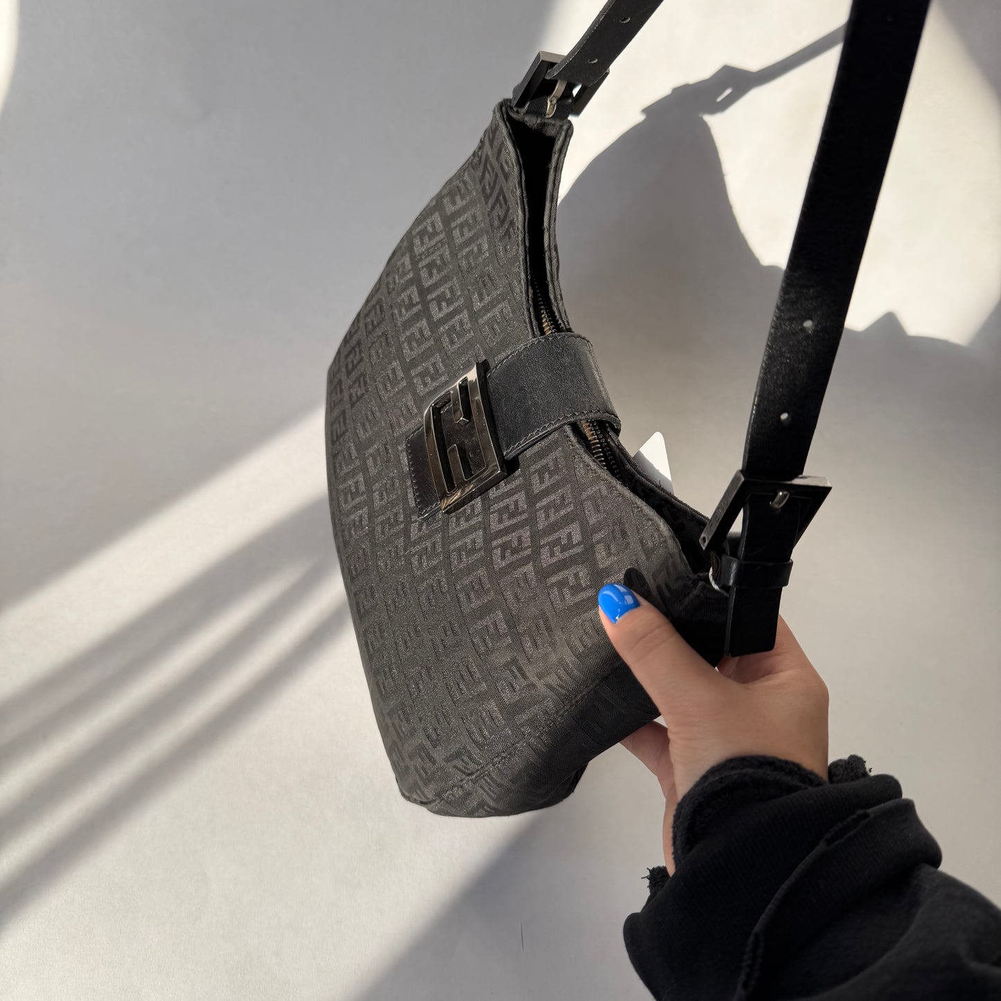 Fendi Black Zucchino Canvas Moon Hobo Bag