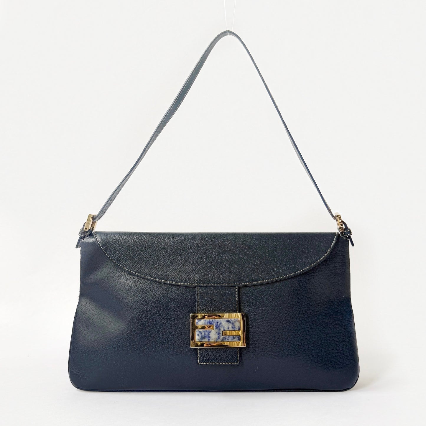 Fendi Navy Blue & Stone Hardware Flap Over Baguette Shoulder Bag