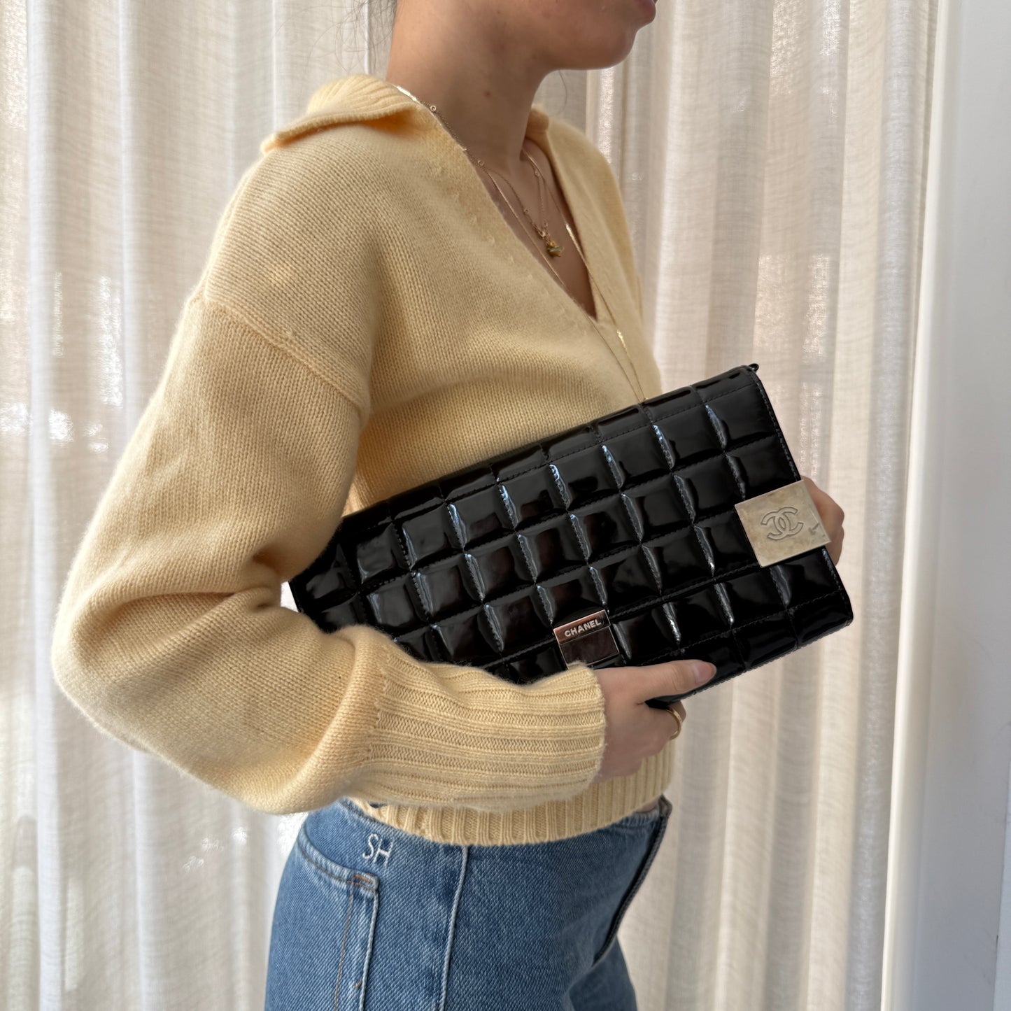 Chanel Black Patent Leather Chocolate Bar Shoulder Bag