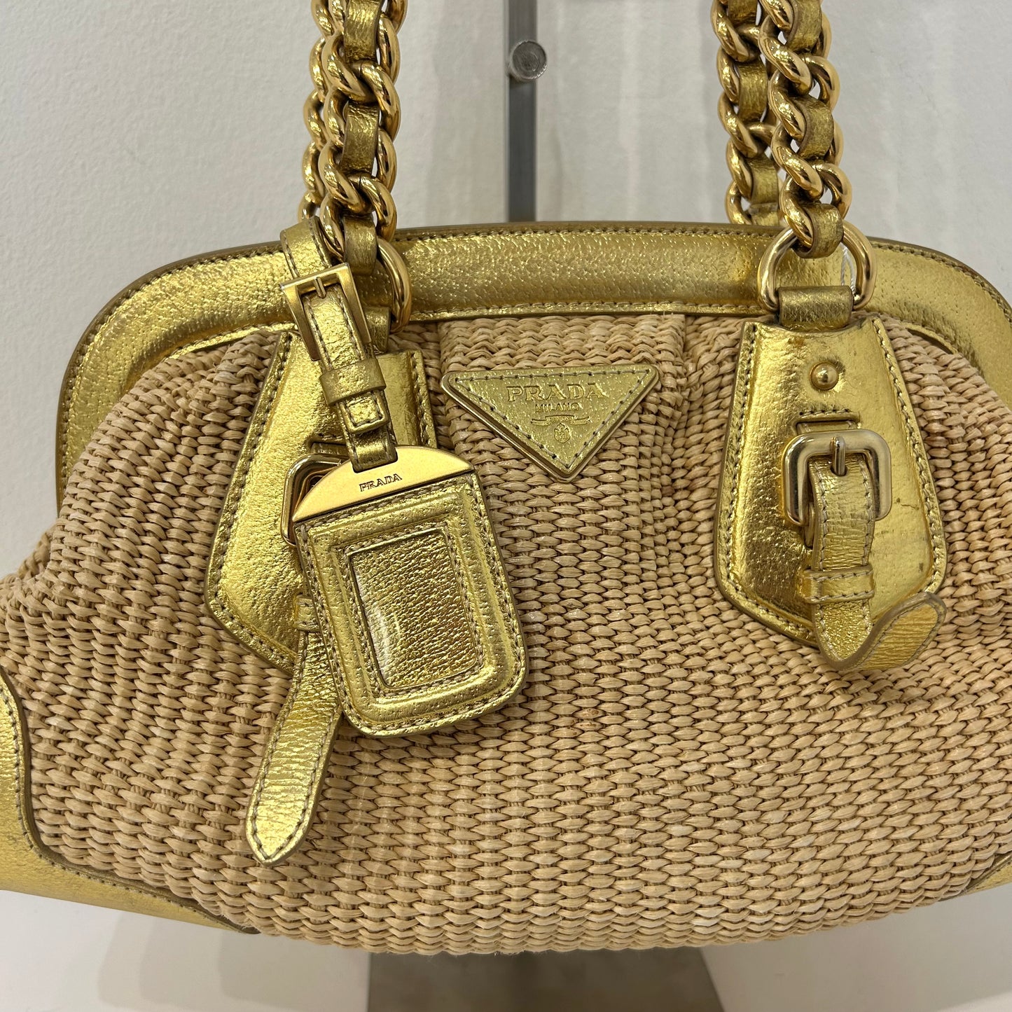 Prada Gold & Beige Raffia Chain Shoulder Bag