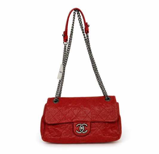 Chanel 2011 Bright Red Caviar Leather Accordion Flap Bag