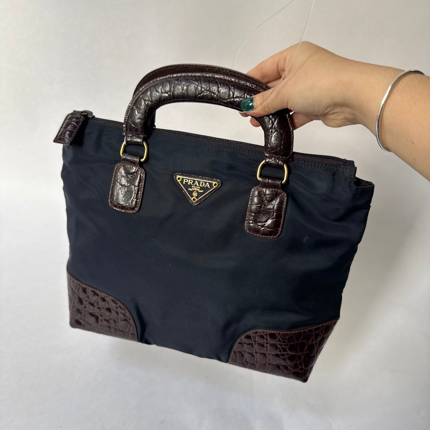 Prada Navy & Brown Nylon & Crocodile Top Handle Bag