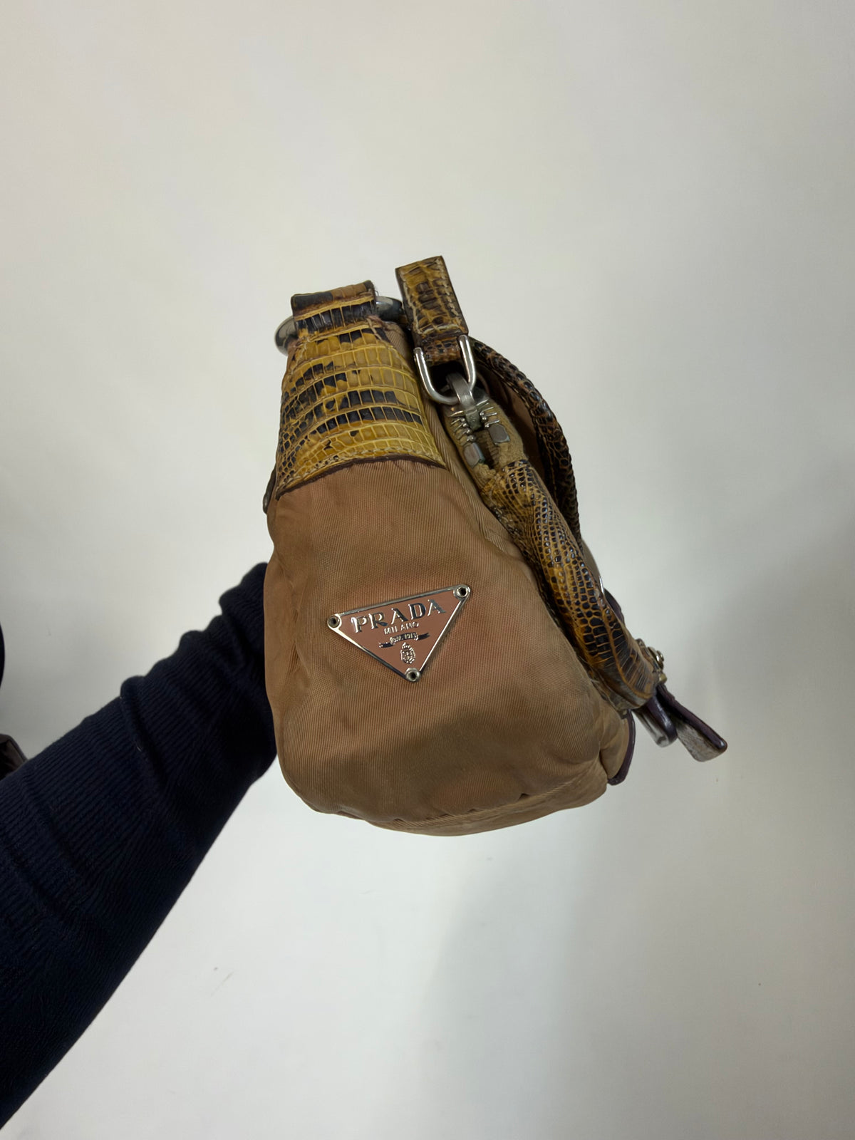 Prada Brown Tortoise & Nylon Double Pocket Shoulder Bag