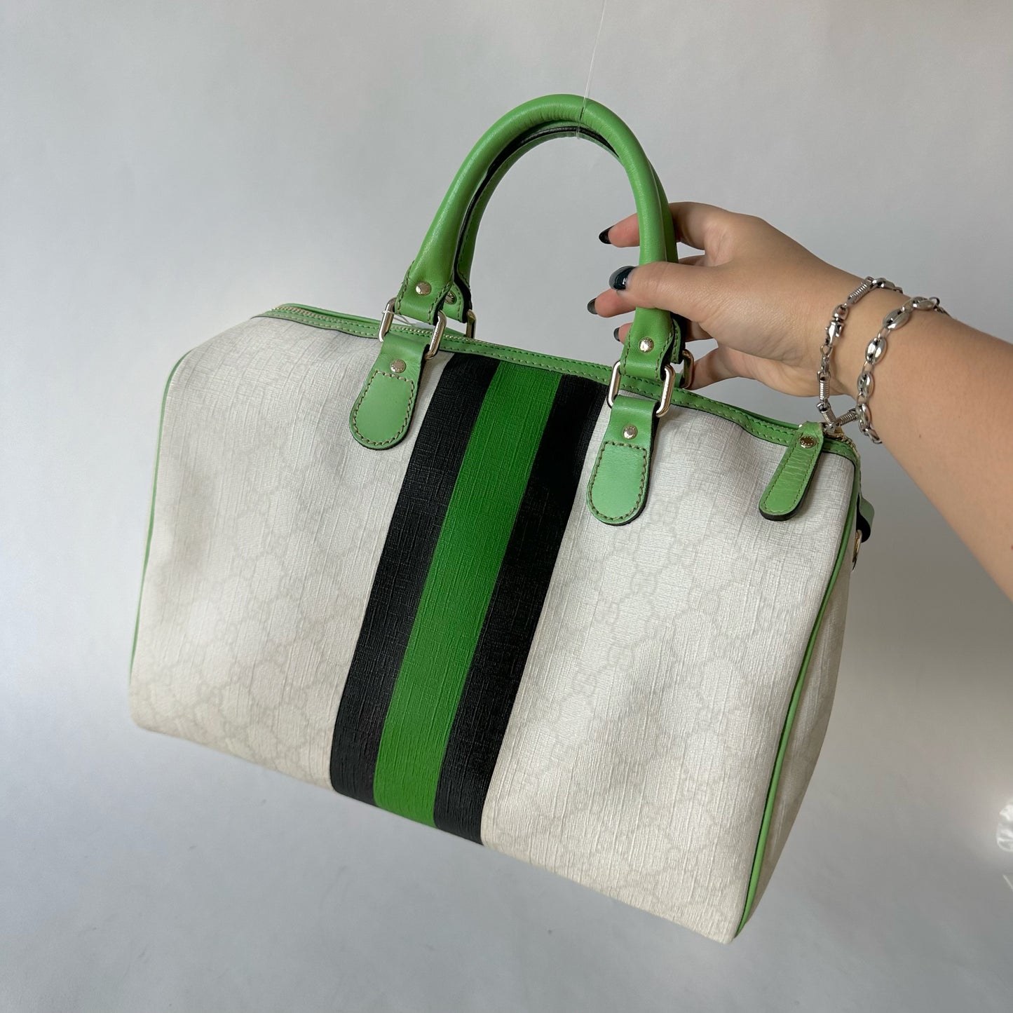 Gucci White Monogram Green Web Stripe Large Boston Bag
