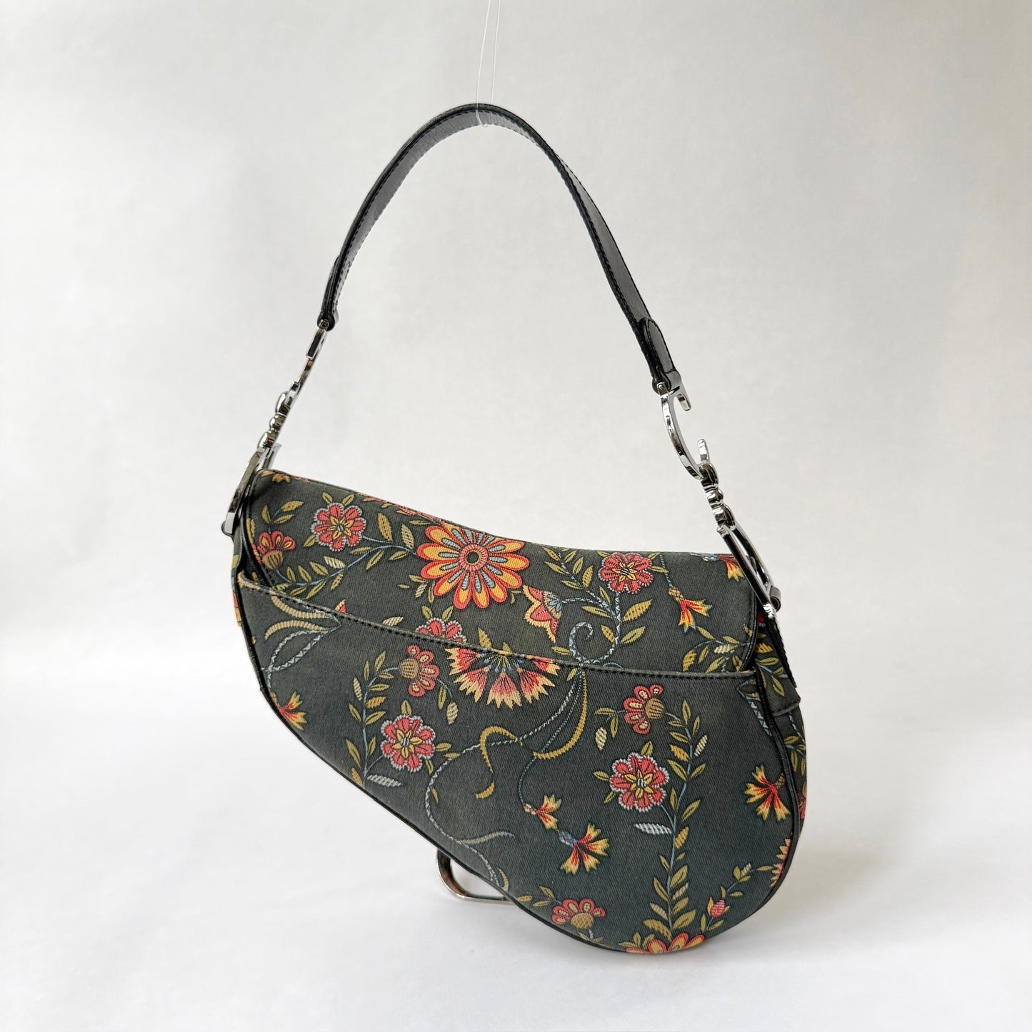Christian Dior Black Canvas Floral Saddle Bag