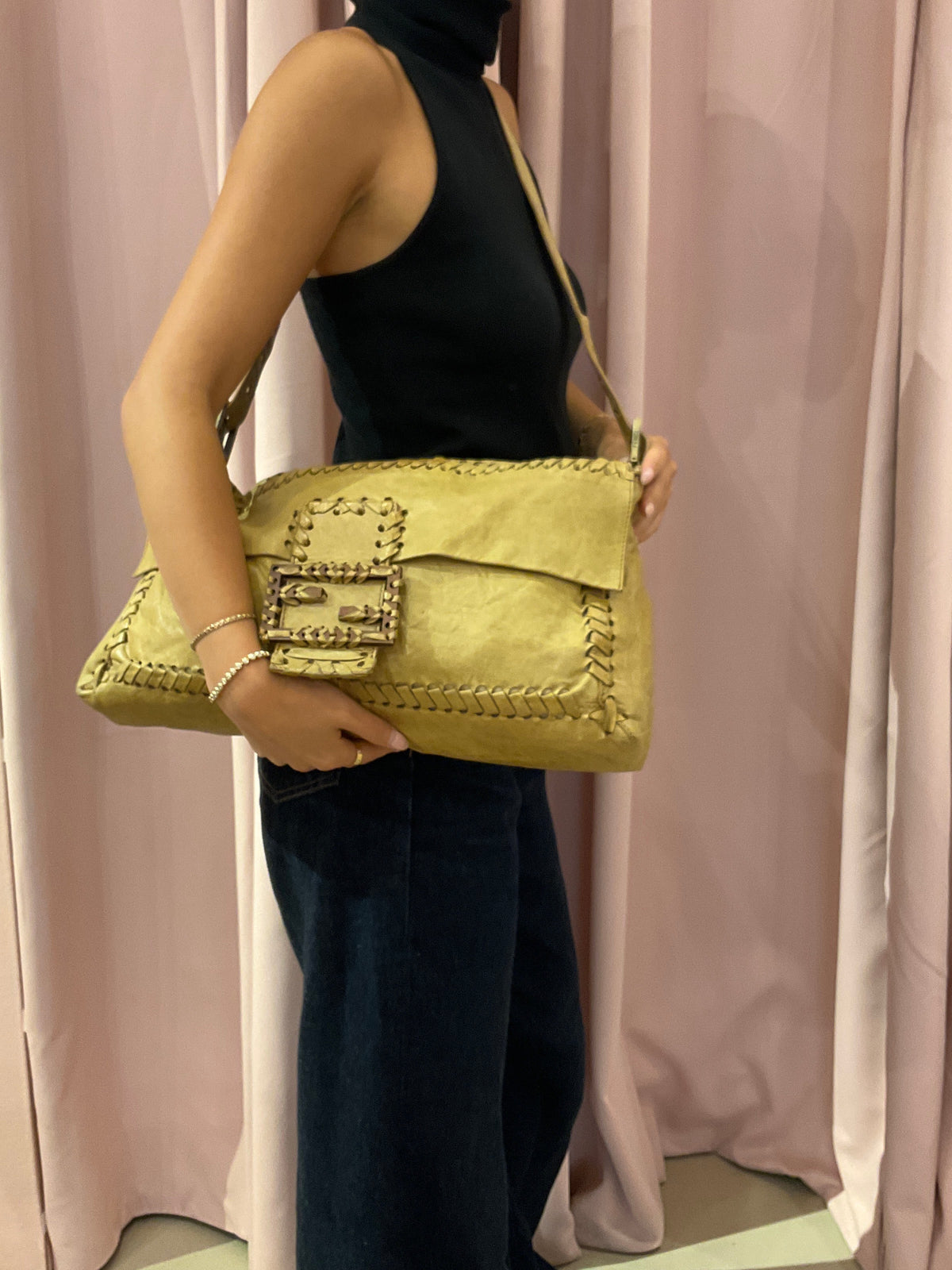 Fendi Beige Leather Stitch Jumbo Baguette