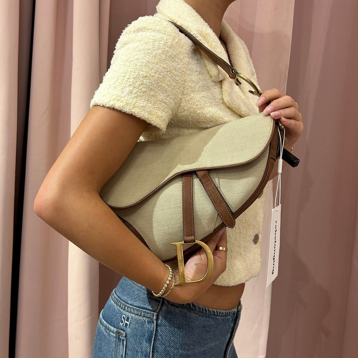 Christian Dior Ivory & Brown Canvas & Leather Saddle Bag