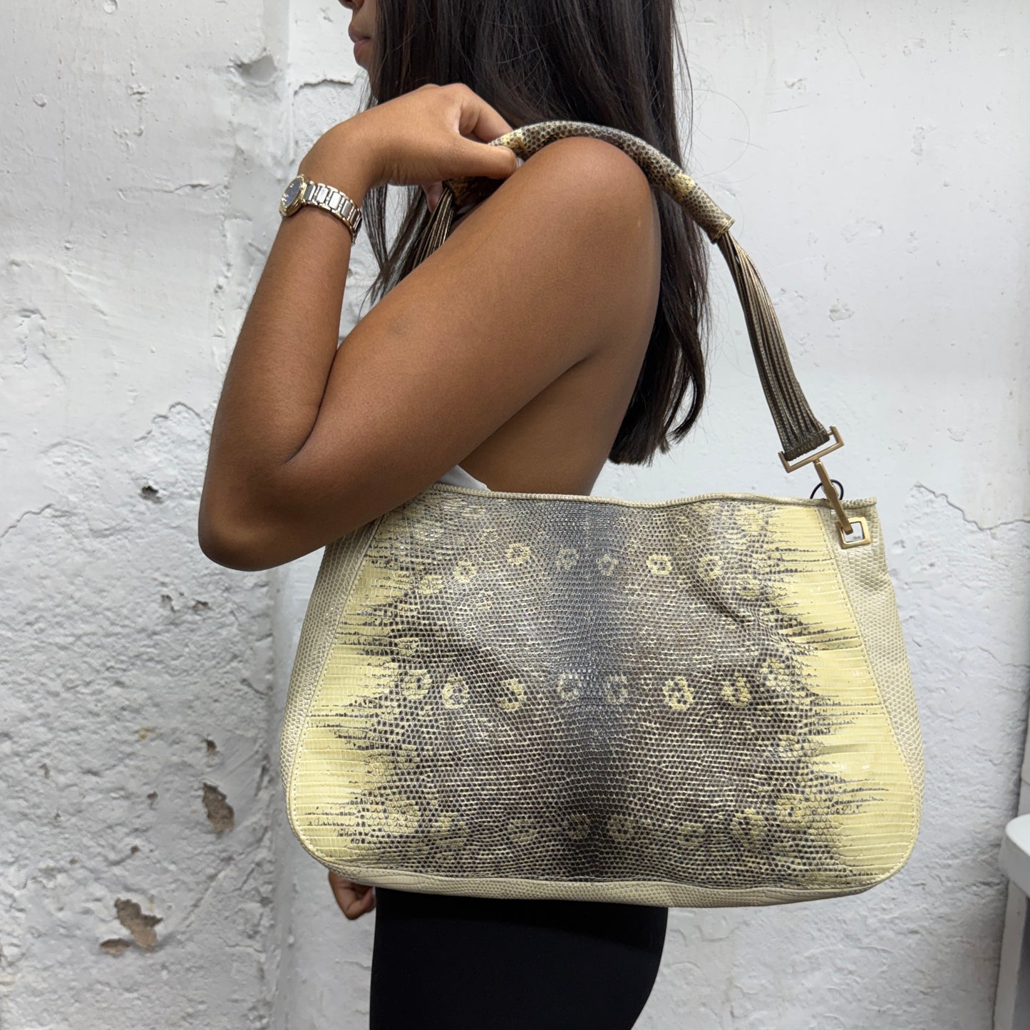 Bottega Veneta Beige & Brown Lizard Embossed Shoulder Bag