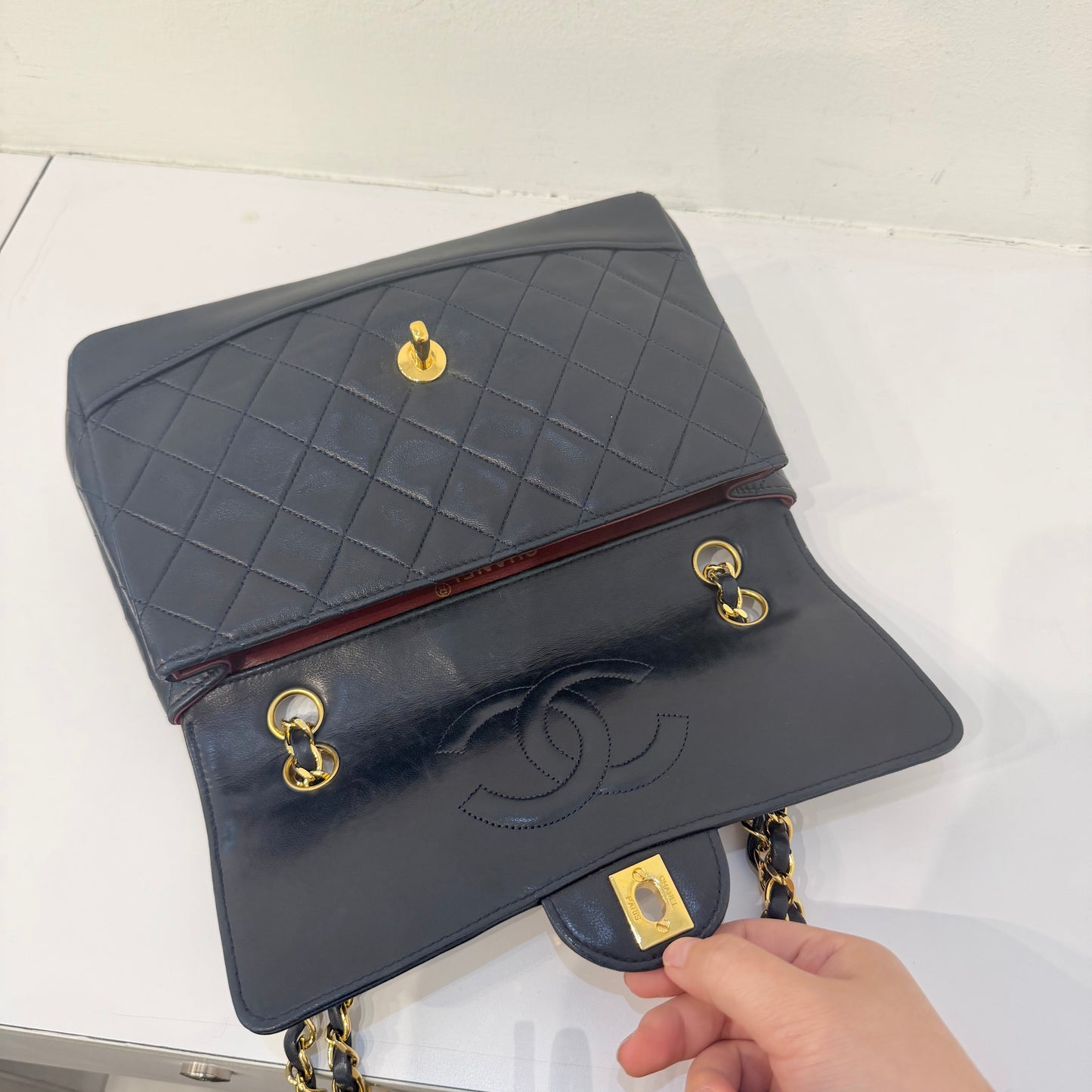Chanel 1989 Navy Black Lambskin Leather Double Chain Matelasse Diana Flap Bag w/ Wallet