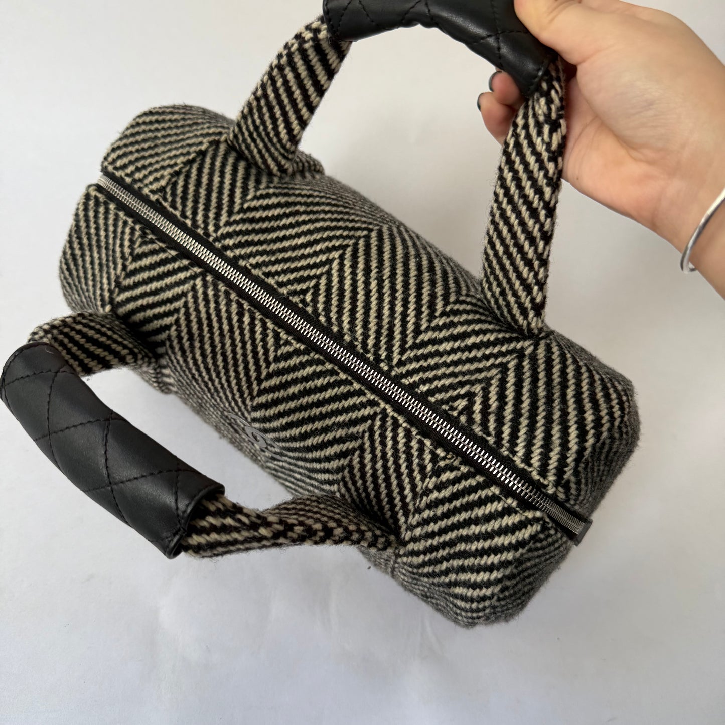 Chanel Black & White Wool Chevron Bowler Bag