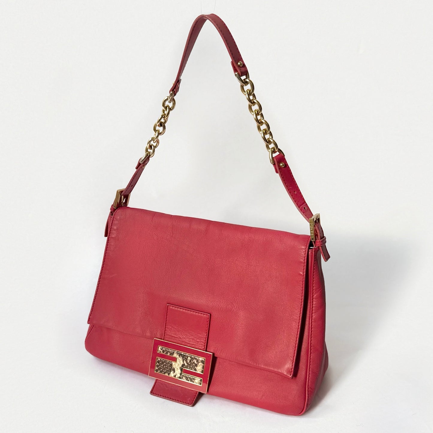 Fendi Red Leather Python Detail Mama Baguette Shoulder Bag
