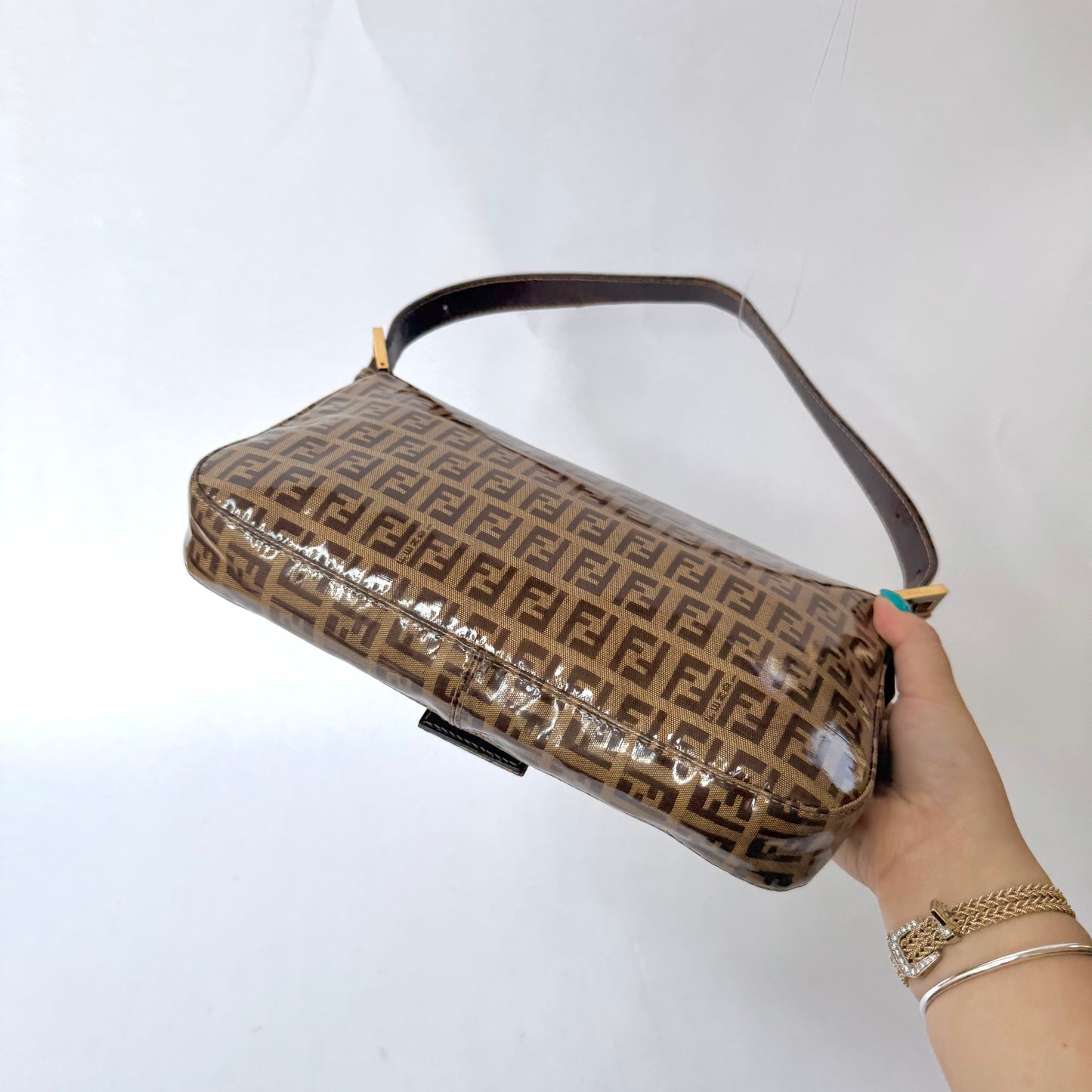 Fendi Brown Zucchino Patent Leather Baguette