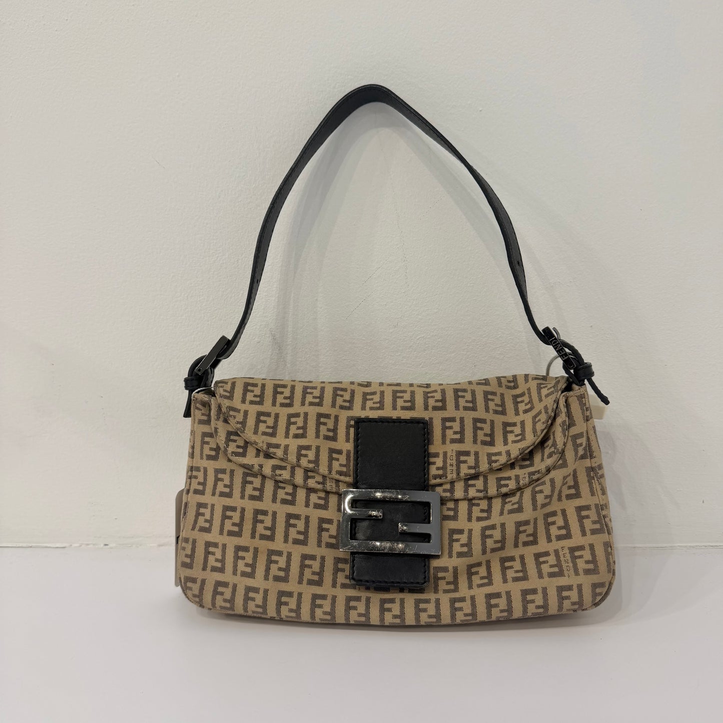 Fendi Brown Zucchino Canvas Rounded Double Flap Baguette