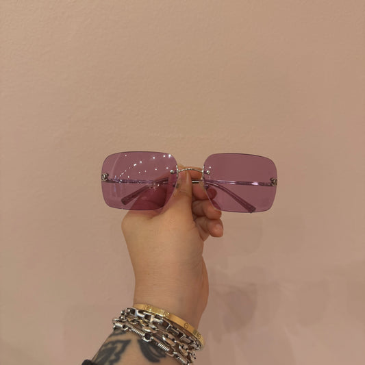 Chanel Pink Rimless Squared Sunglasses w/ Logo Temple