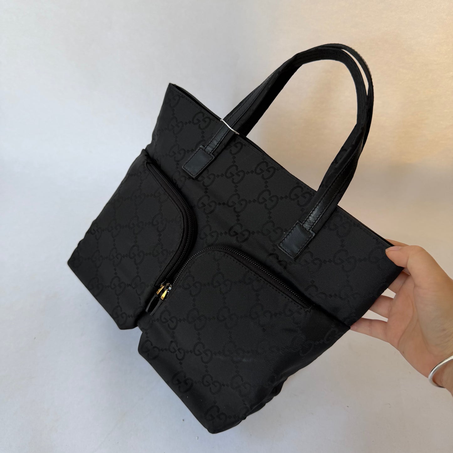 Gucci Black Monogram Double Front Pocket Tote Bag