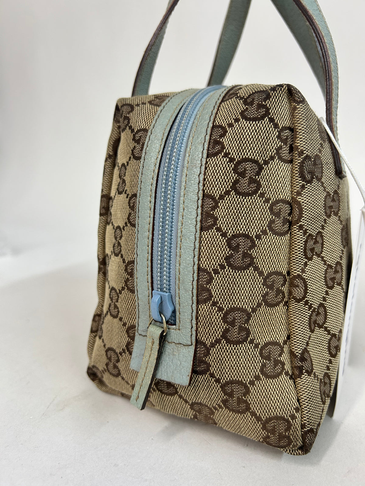 Gucci Brown Monogram Canvas Baby Blue Trim Top Handle Bag