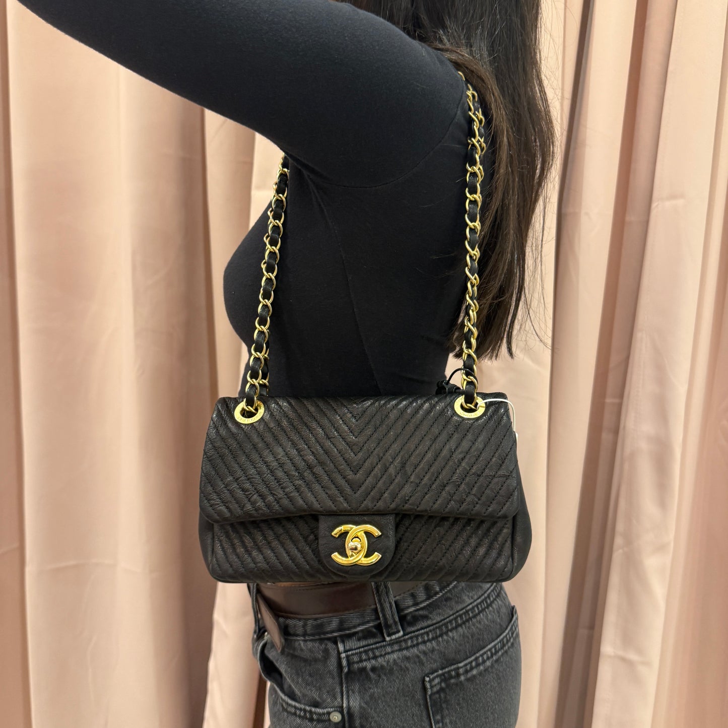 Chanel Black Lambskin Leather Chevron Quilted Mini Flap