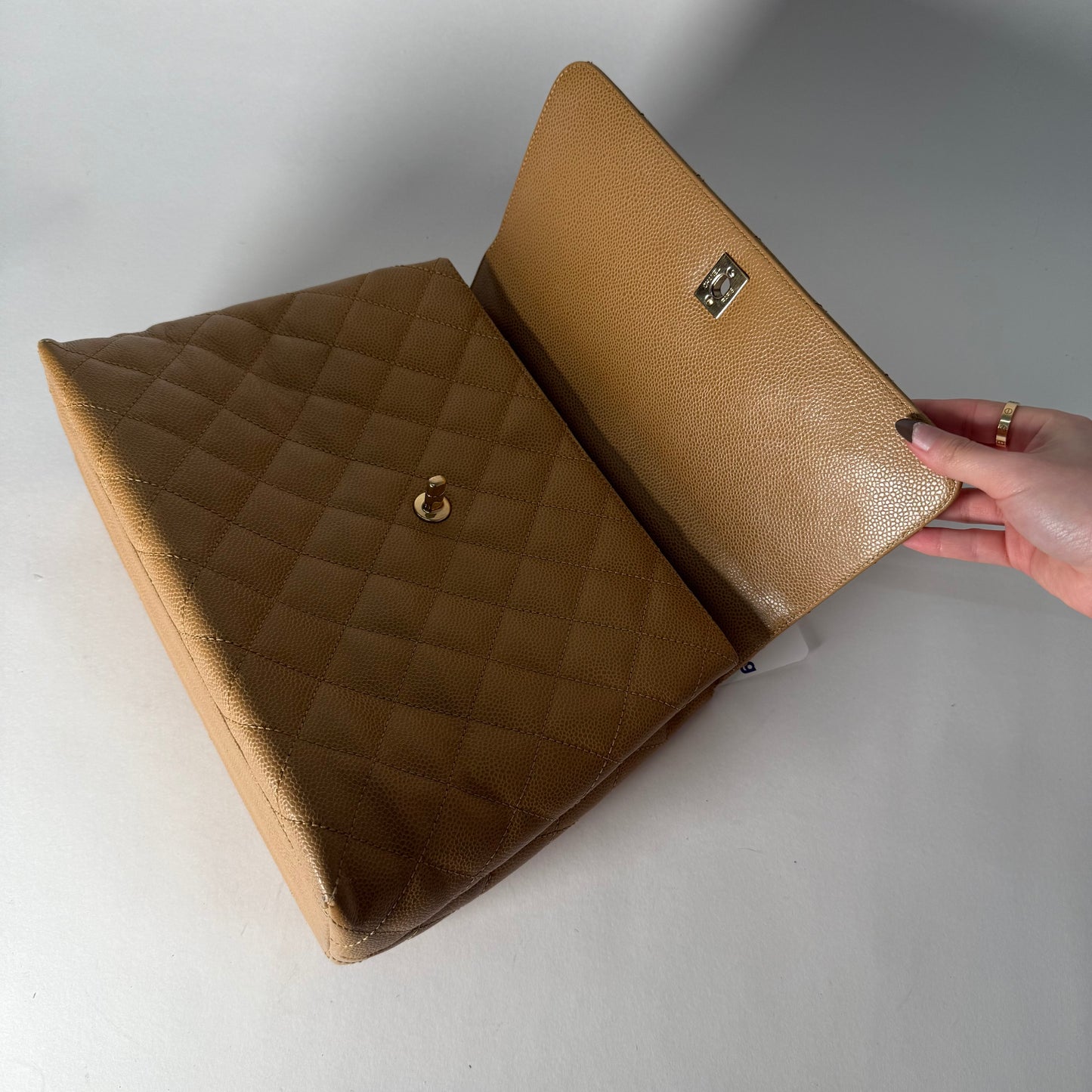 Chanel Beige Caviar Kelly Flap Top Handle Bag
