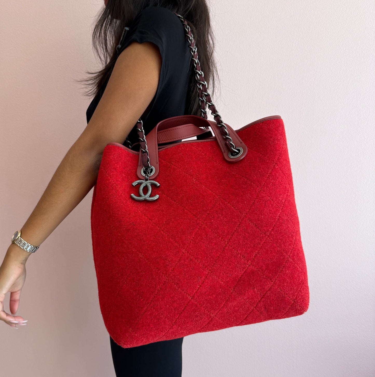 Chanel Red Wool 2-Way Shoulder Tote Bag