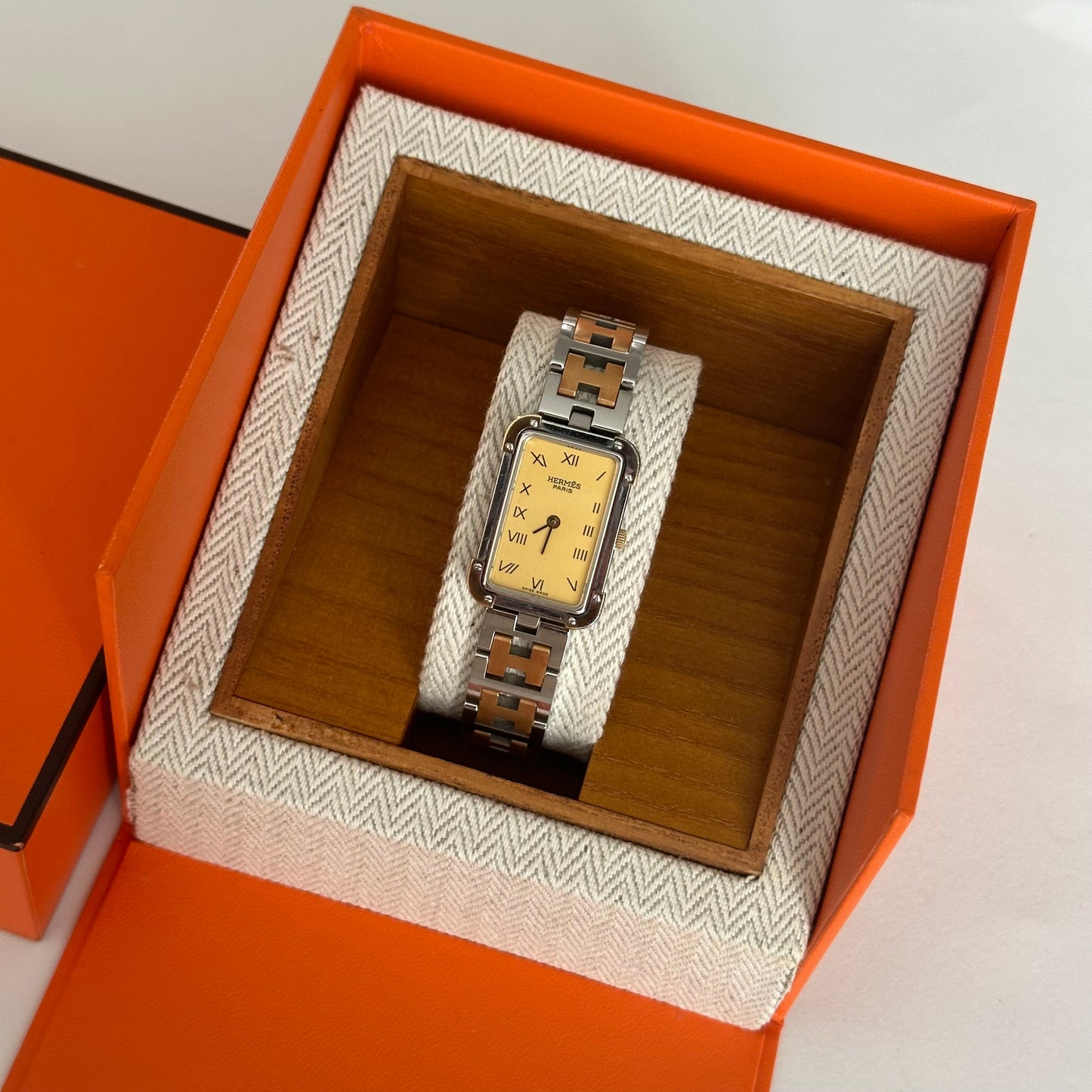 Hermes Croisiere Tank Gold Dial Two Tone Watch w/ Box