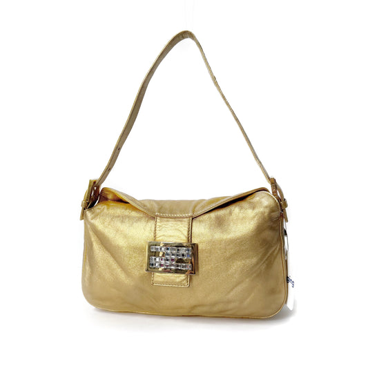 Fendi Gold Metallic Leather Rounded Baguette Shoulder Bag