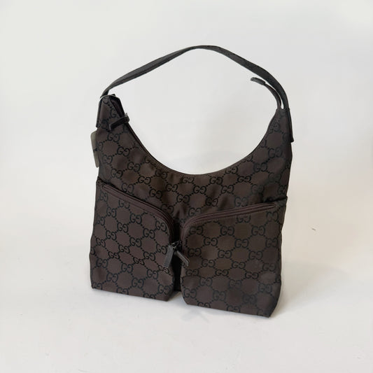 Gucci Dark Brown Nylon Monogram Double Front Pocket Tote Bag
