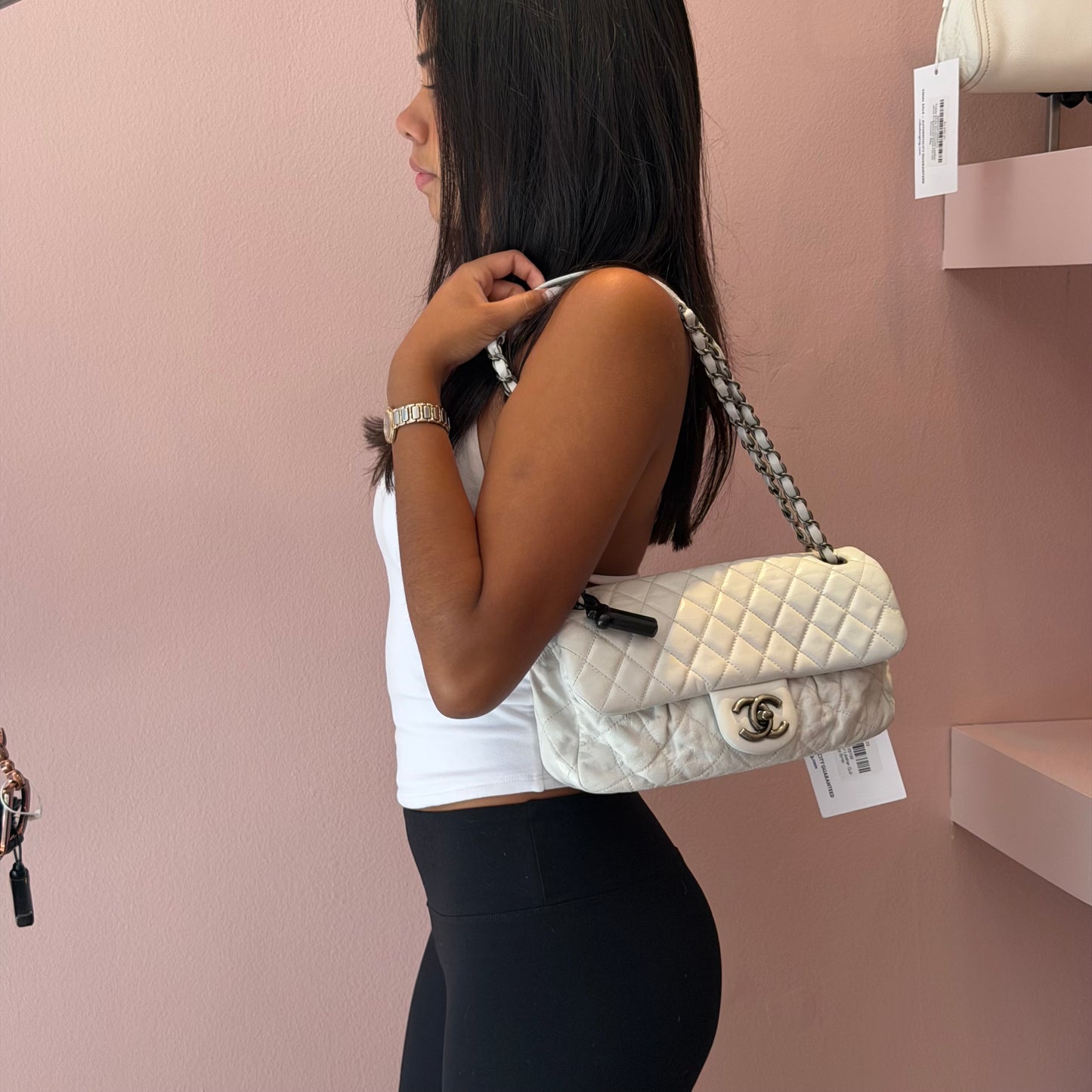 Chanel White Lambskin Leather Quilted Pleated Flap SHW