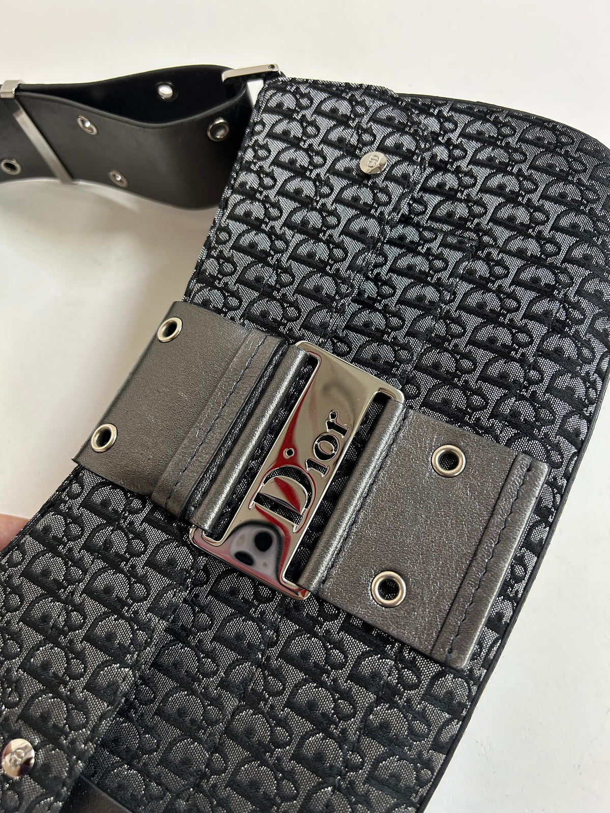 Christian Dior Metallic Gray Black Canvas & Leather Trotter Monogram Columbus Shoulder Bag