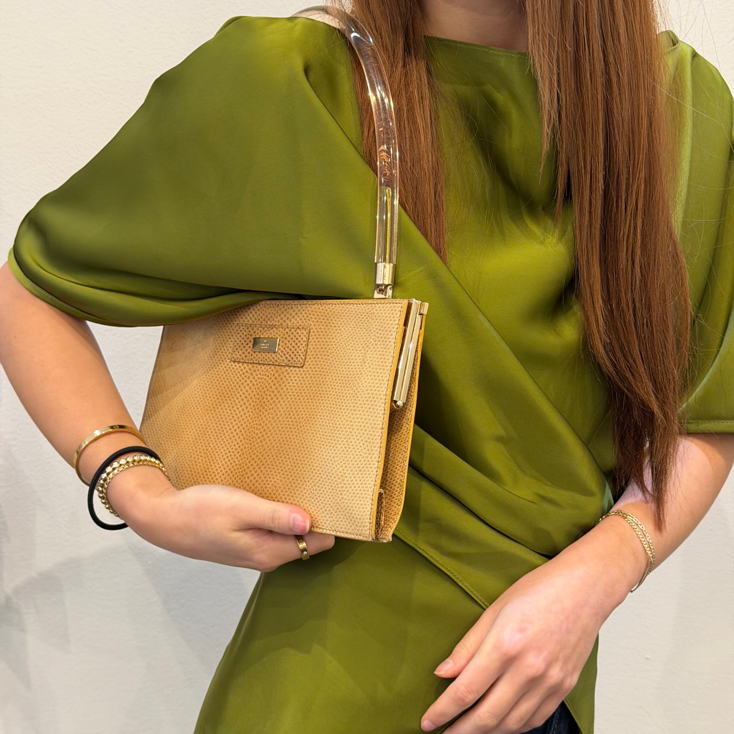 Gucci Brown Lizard Leather Acrylic Handle Shoulder Bag