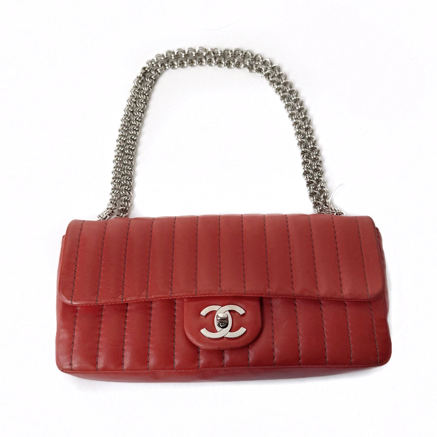 Chanel Red East West Vertical Quilted Bijoux Chain Flap