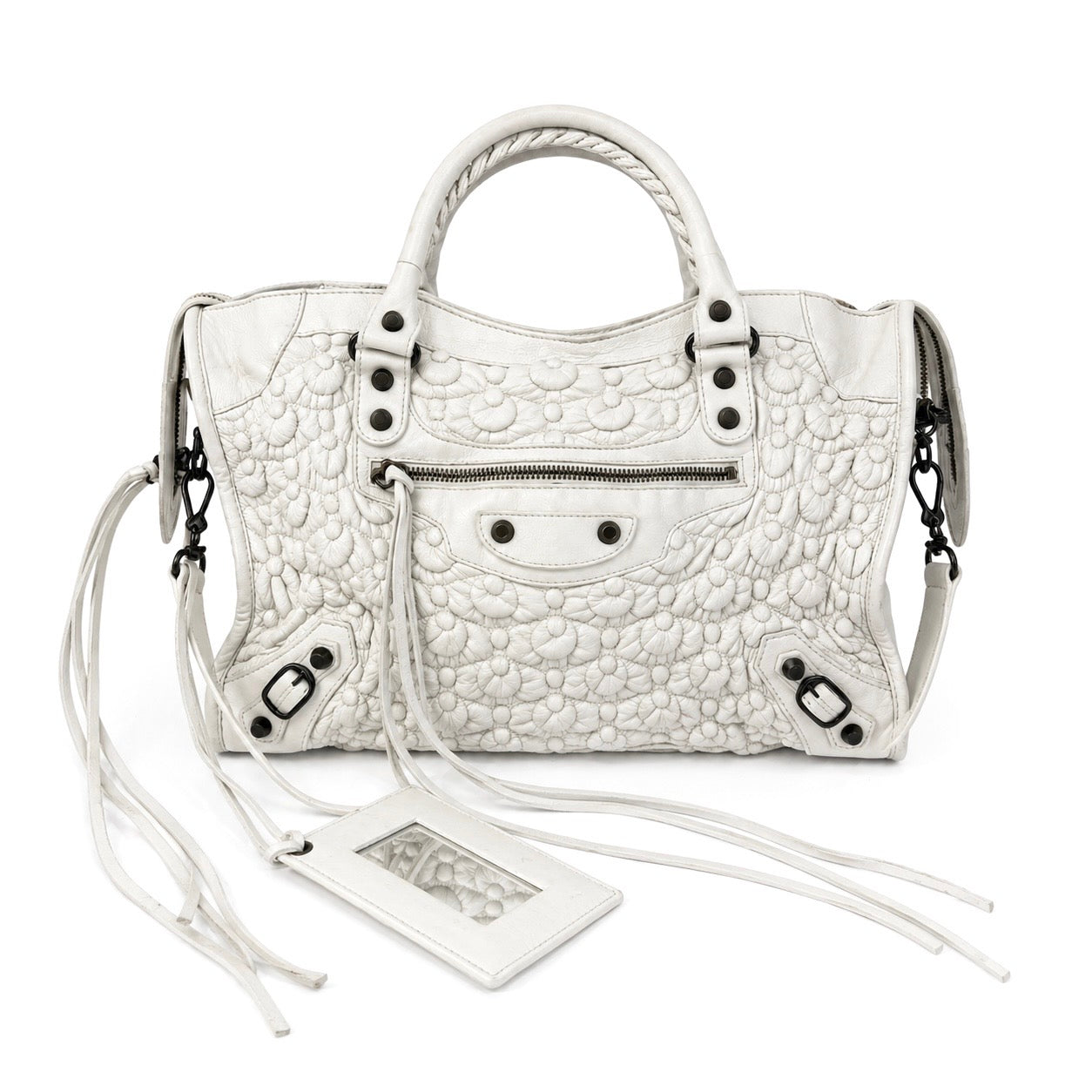 RARE Balenciaga White Leather Bubble Quilted City Bag