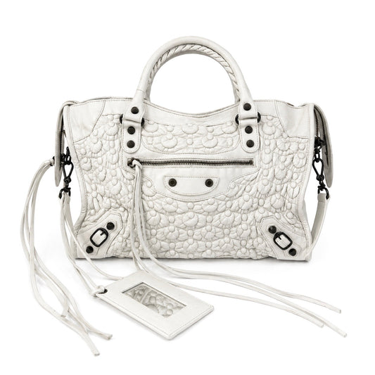 RARE Balenciaga White Leather Bubble Quilted City Bag