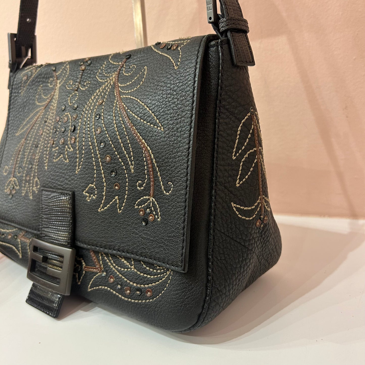 Fendi Dark Brown Pebbled Leather Lizard Trim Stitched Detail Mama Baguette